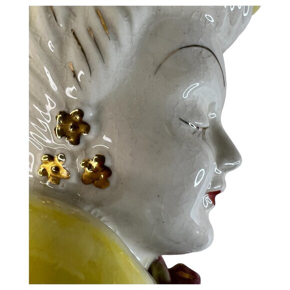 Vintage Acme Ware Lady Head Vase Yellow With Flowers Gold Accents Made Japan VTG - Picture 9 of 10